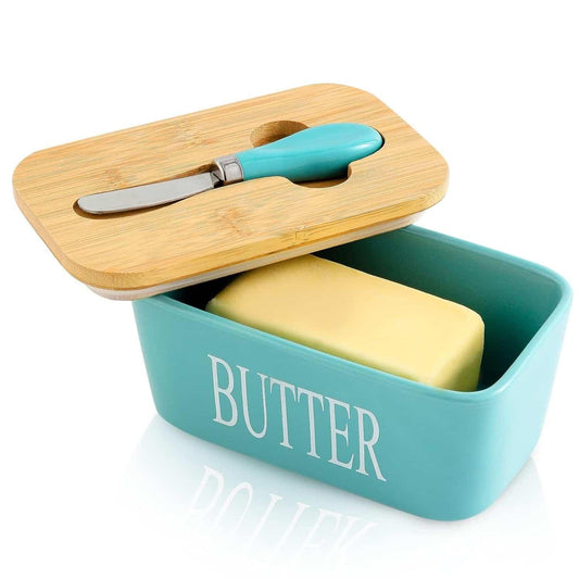 Ceramic Butter Dish with Wooden Lid – Elegant Kitchen Storage, Pack of 1
